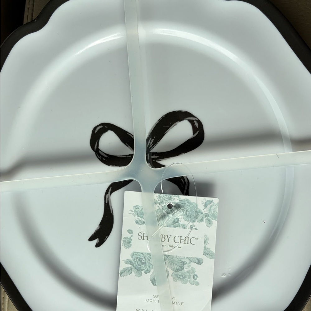 Shabby Chic Monochrome scalloped black white Bow small Plate set of 4